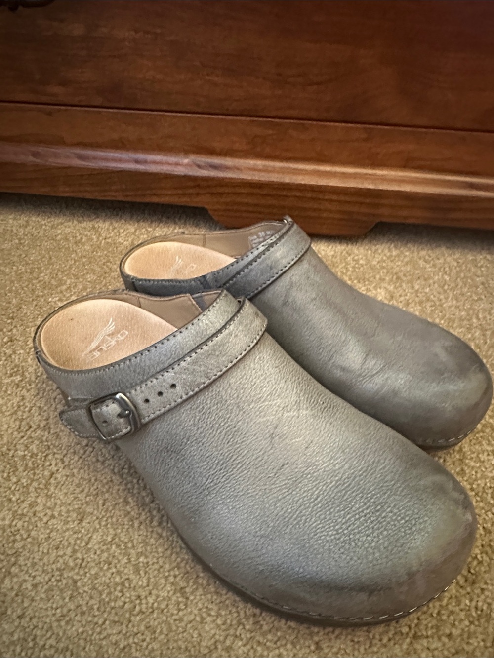 Dansko Women's Grey Leather Clogs with Buckle Strap